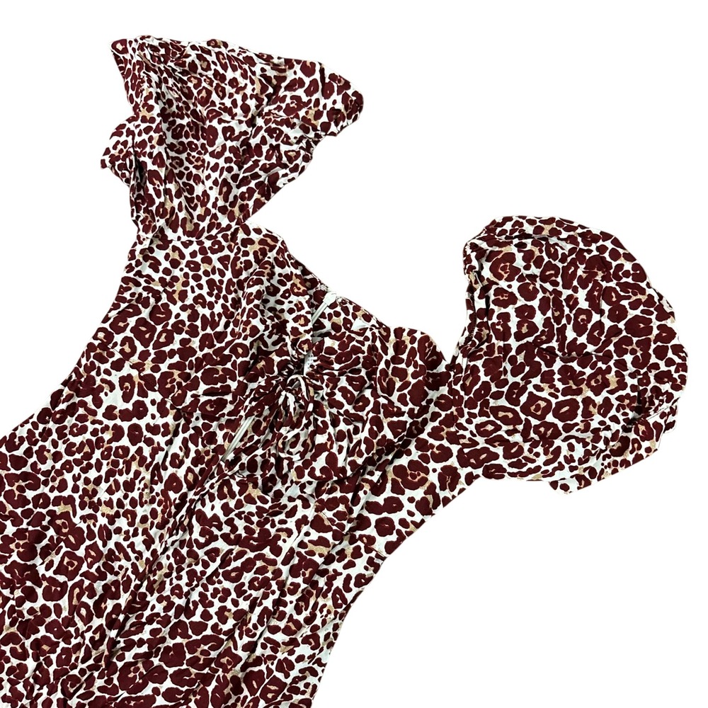 EGGIE Womens XS Burgundy Leopard Print Mini Dress Puff Sleeve Tie Front NWT